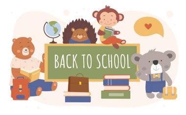 Okul vektör ilüstrasyonuna geri dönelim, çizgi film yassı hayvan karakterleri okul çantaları ve dünya öğrenimi, kitap okuma ya da ders kitabı geçmişi