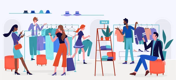 Persone shopping in vendita vettoriale illustrazione, cartone animato piatto uomo donna shopper personaggi acquistare vestiti e accessori nel negozio al dettaglio, negozio o boutique di interni — Vettoriale Stock