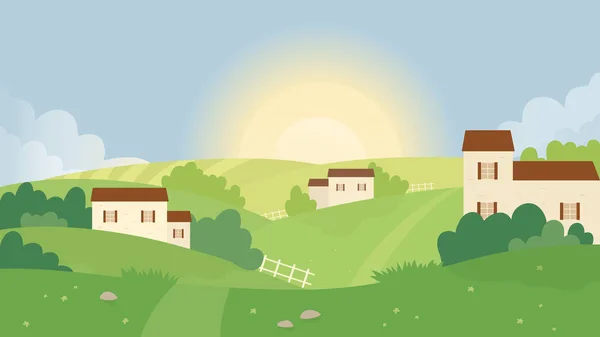 Campo fattoria, estate natura paesaggio vettore illustrazione, cartone animato villaggio pianeggiante con case contadino su verde rurale erba colline sfondo — Vettoriale Stock