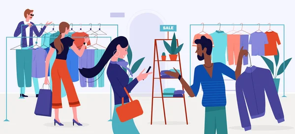 Bevásárlóközpont értékesítési vektor illusztráció, rajzfilm lapos vásárló emberek választani ruhákat lóg a vállfák kiskereskedelmi áruház, bolt vagy butik modern belső tér — Stock Vector