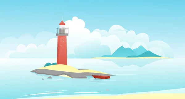 Landschap met vuurtoren vector illustratie, cartoon natuurlijke rustige landschap, vuurtoren op schilderachtige rots eiland en afgemeerde vissersboot achtergrond — Stockvector