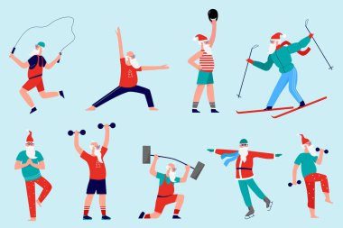 Spor antrenmanı vektör illüstrasyonunda Noel Baba, çizgi film düz Noel Baba karakteri halterle egzersiz yapıyor, yoga meditasyon pozunda duruyor.