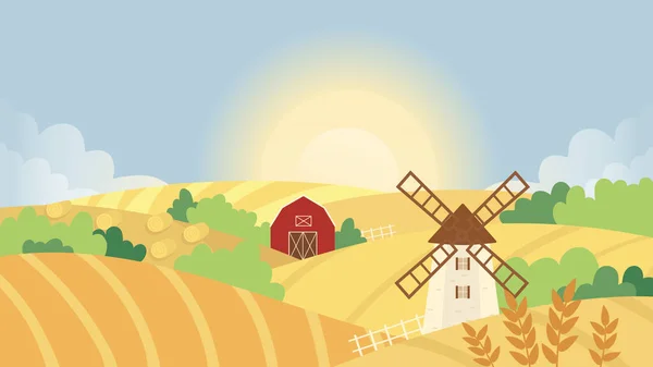 Otoño granja agrícola paisaje vector ilustración, tierra de dibujos animados campo de trigo amarillo con molino de viento y agricultores casa o granero de pueblo rústico — Archivo Imágenes Vectoriales