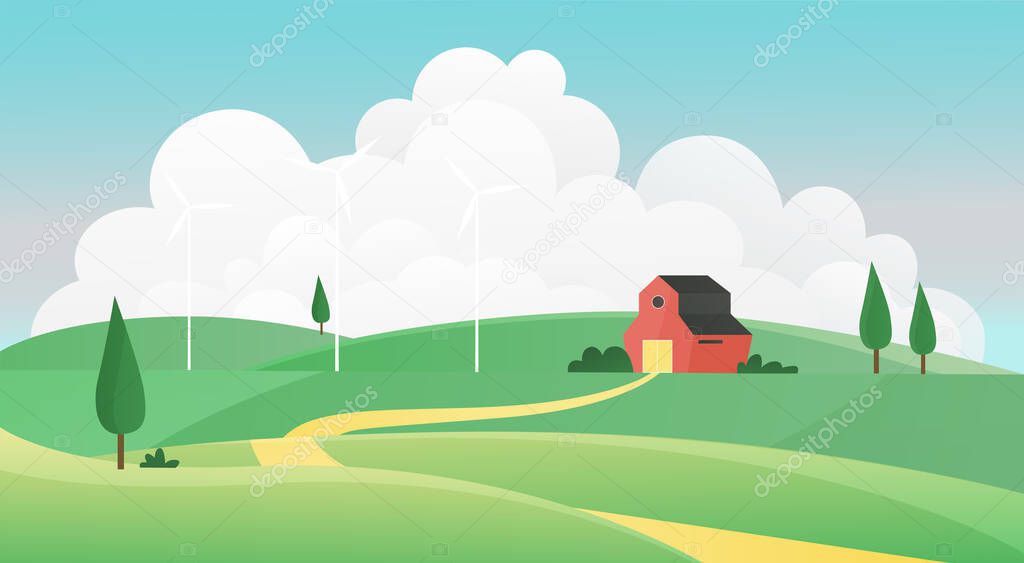 Farm summer landscape vector illustration, cartoon farmland countryside background scene with road to farmers house through green grass field