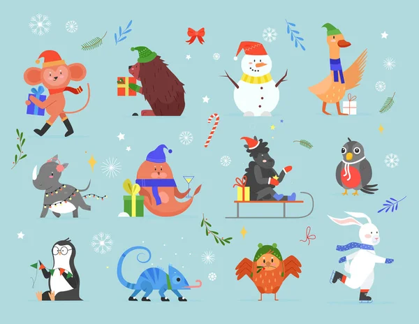 Dieren vieren Kerstmis vector illustratie set, cartoon zoo collectie met wild dier xmas personages vieren wintervakantie — Stockvector