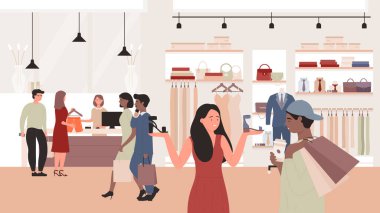 Giyim mağazasında moda satışları düz vektör illüstrasyonu, karikatürist kadın müşteri karakterleri indirimli indirimler, alıcılar yeni kıyafetler alıyor.