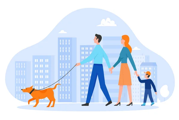 家里人走矢量图解，卡通人物快乐的小动物主人，父亲和儿子的孩子们带着自己的宠物狗走在城市街道上 — 图库矢量图片
