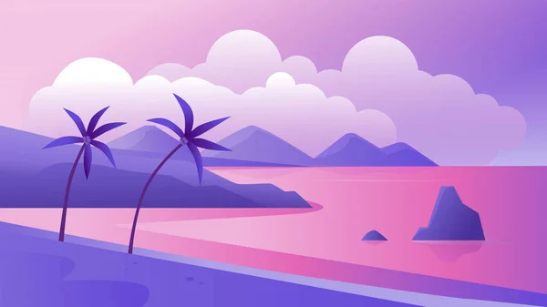 Notte costa tropicale paesaggio vettore illustrazione, cartoni animati piatti tropici viola romantico paesaggio panoramico con spiaggia serale, palme e mare — Vettoriale Stock