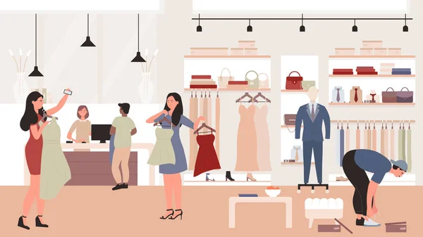 People shopping in clothing store vector illustration. Cartoon flat man woman customer characters standing and trying new fashion casual dress clothes in boutique or shop showroom interior background. — Stock Vector