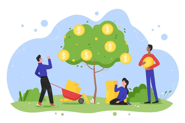 Árbol de dinero crecimiento de la planta plana vector ilustración, dibujos animados empresarios felices personas plantando árbol de dinero con monedas de oro en efectivo en el jardín, ingresos crecientes — Archivo Imágenes Vectoriales