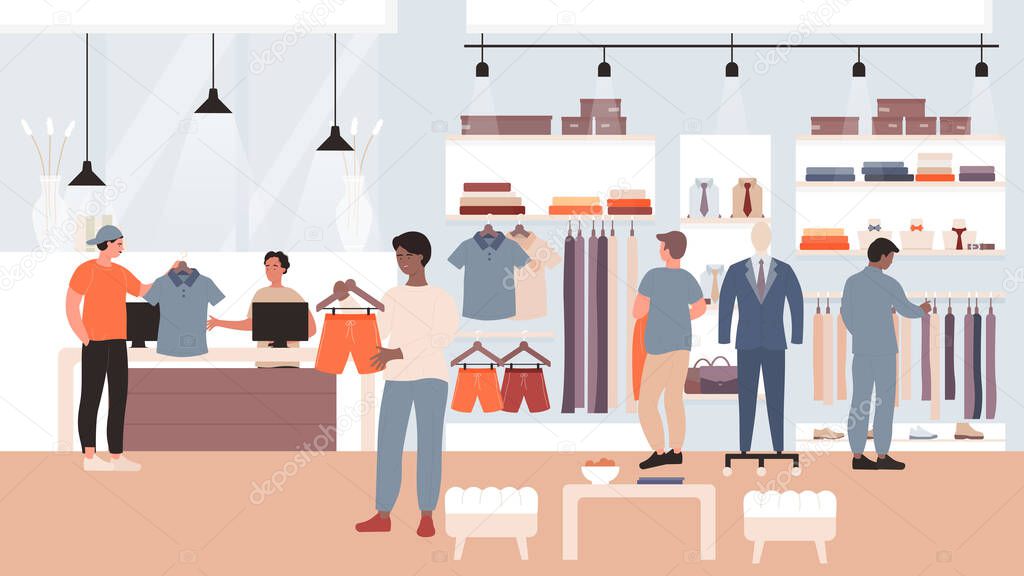 Fashion discount sales in clothing shop flat vector illustration, cartoon man shopaholic buyer characters shopping, buying fashioned casual clothes in retail store