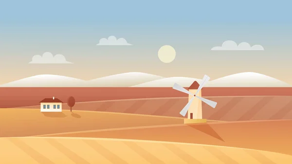 Осенняя векторная иллюстрация сельского хозяйства, мультфильм с плоской осенней панорамой с ветряной мельницей и сельским домом на сельском органическом пшеничном поле — стоковый вектор