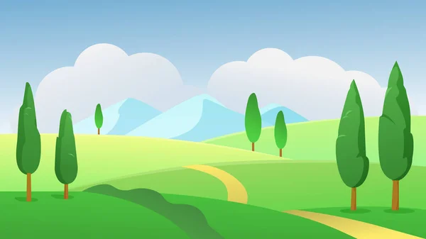 Verde verano naturaleza paisaje vector ilustración, dibujos animados plana día soleado paisaje panorámico con vegetación natural, árboles y prado de hierba campo — Archivo Imágenes Vectoriales