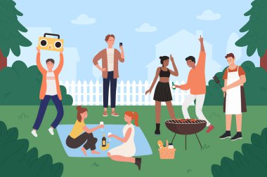 BBC parti vektör illüstrasyonundaki insanlar, çizgi film düz genç hipster arkadaşları bbq ızgara pikniğinde dışarıda eğleniyorlar ızgarada yemek pişiriyorlar, ızgara yemek yiyorlar.