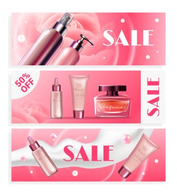Kozmetik serisi satış vektör illüstrasyon seti, indirimli reklam tasarımı reklam afiş koleksiyonu kozmetik ambalajlı gerçekçi pembe paketler, cilt bakımı için şişeler