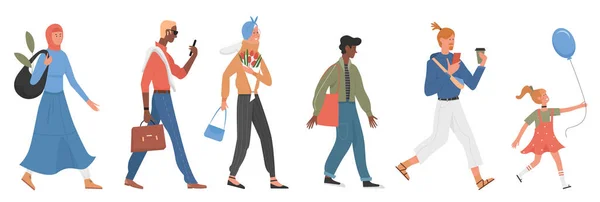 Casual personas plana vector ilustración conjunto, dibujos animados varios personajes de moda con estilo caminar colección de mujer musulmana anciana mujer hombre de negocios hipster niño — Vector de stock