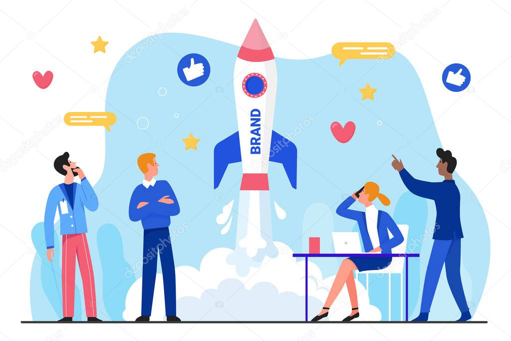 Brand business startup flat vector illustration, cartoon businessman group characters working, launching rocket, successful branding or rebranding service
