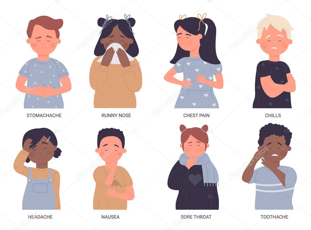 ✓ Sick Children Vector Illustration Set. Cartoon Flat Kids Bad Health  Collection Of Unhealthy Boy And Girl With Sore Throat, Stomach Ache  Headache Toothache, Flu Sickness Crying Child Isolated On White Premium