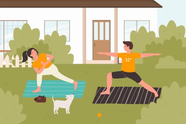 Yaz yogası açık havada düz vektör çizimi, çizgi film mutlu genç aile, arkadaşlar veya arka planda Asya yoga pozu veren çift karakterler.