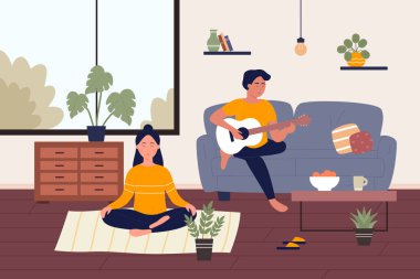 Evde hafta sonu düz vektör çizimi, çizgi film mutlu genç çiftler hafta sonlarını evde birlikte geçirirler, yoga meditasyonu yaparlar, gitar arka planında müzik çalarlar.