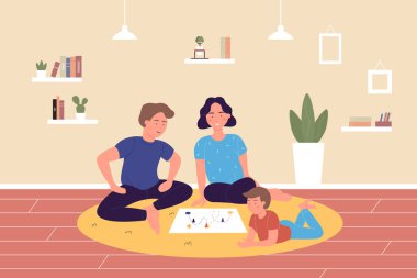 Aile evde masa oyunu oynuyor, çizgi film ebeveynleri çocukla oynuyor, vakit geçiriyor, birlikte oyun oynuyorlar.