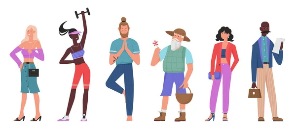 Casual personas plana vector ilustración conjunto, dibujos animados varios personajes de pie colección de hombre mayor, atleta yoguista, chica de moda con estilo aislado en blanco — Vector de stock