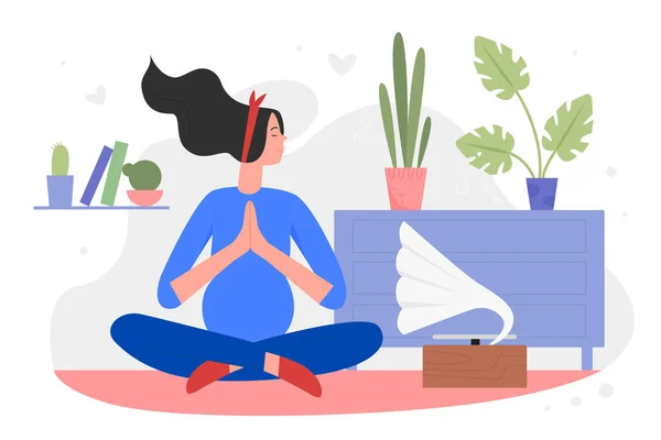 Schwangerschaft Yoga Flat Vector Illustration, Cartoon glücklich junge schöne schwangere Frau Charakter entspannend, meditieren, Musik hören Hintergrund — Stockvektor