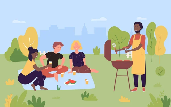 Les gens sur la fête de pique-nique en plein air, dessin animé heureux jeunes amis griller la viande, cuisine saucisses barbecue — Image vectorielle