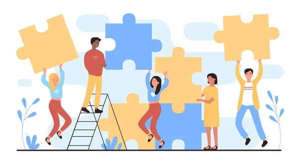 Mensen verbinden puzzels, tekenfilm gelukkig jong team van personages die puzzelstukjes met elkaar verbinden — Stockvector