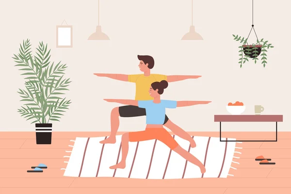 PaarYoga-Übungen, Cartoon-Liebhaber, Freunde, die Yoga-Asana-Pose machen, Workout zu Hause — Stockvektor