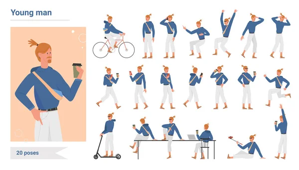 Молодий чоловік позує інфографічний набір, мультиплікаційний хіпстер стоїть, ходить зі смартфоном, їде на велосипеді — стоковий вектор
