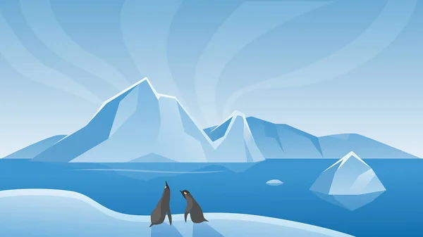 Ártico Paisagem antártica, desenho animado vida marinha cena natural com iceberg, geleira de gelo e pinguins —  Vetores de Stock