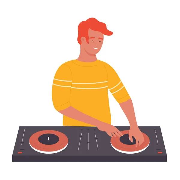 DJ young stylish man on musical party vector illustration. Cartoon flat male DJ character with turntable mixer making contemporary music in night club, spinning disc isolated on white background — Stock Vector