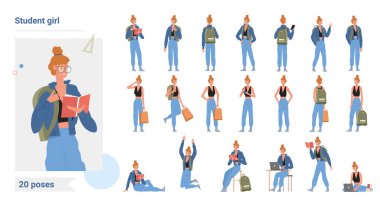 Öğrenci kız bilgi seti, karikatür genç kadın sırt çantasıyla duruyor, oturuyor, çalışıyor.