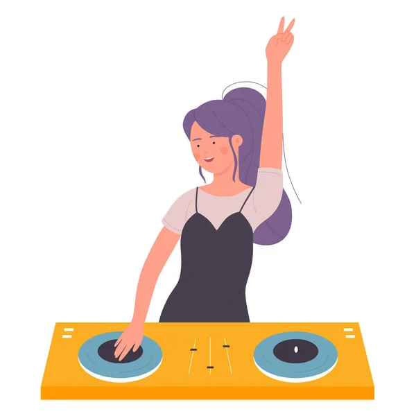 DJ bela jovem na ilustração vetor festa musical. Desenhos animados plana garota personagem DJ com mesa giratória mixer fazendo música contemporânea na boate, disco giratório isolado no branco — Vetor de Stock