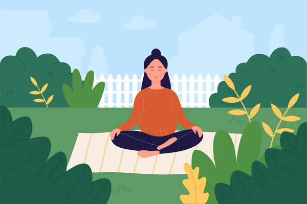 Yoga prenatală, femeie însărcinată cu desene animate care are grijă de sănătatea mintală sau fizică, făcând yoga în grădină — Vector de stoc