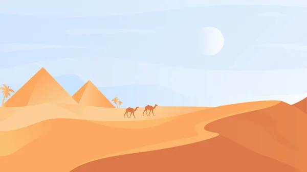 Ägyptische Wüste Naturlandschaft, Cartoon-Wüste landschaftlich wilde Naturlandschaft, Sanddünen, Kamelkarawane — Stockvektor