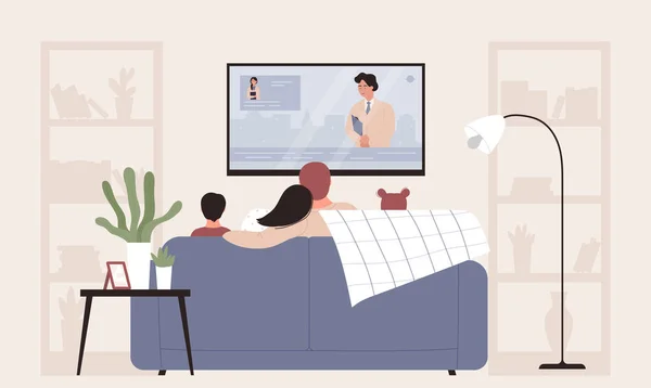 Famiglia guardare la tv, cartone animato piatto madre, padre e figli personaggi si siedono sul divano in camera — Vettoriale Stock
