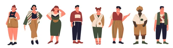 Plus la taille des gens ensemble, collection de dessins animés avec courbée jeune homme femme en vêtements d'été décontractés — Image vectorielle