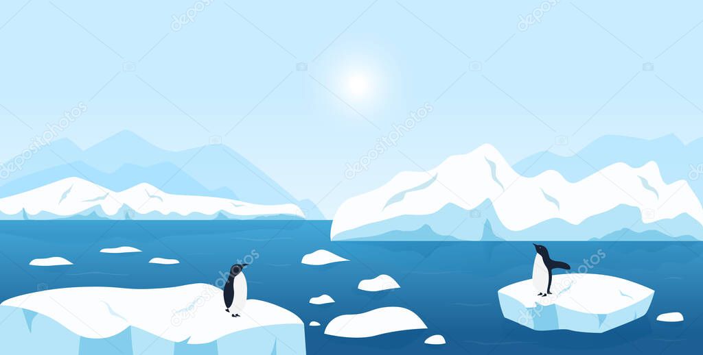 Beautiful Arctic or Antarctic landscape. North scenery with large icebergs floating in ocean and penguins. Snow mountains hills, scenic northern icy nature background.