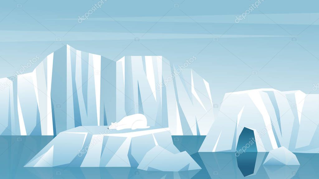 Antarctic landscape vector illustration. Cartoon nature winter arctic iceberg, snow mountains hills, scenic northern icy nature background