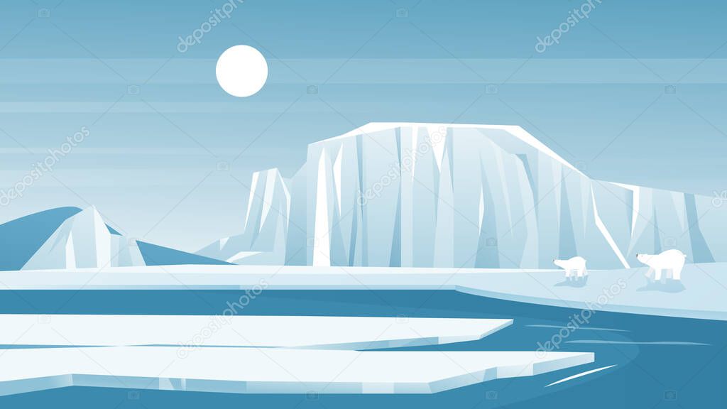 Antarctic landscape vector illustration. Cartoon frost nature scenery of North with iceberg snow mountain, arctic ice and snow hills