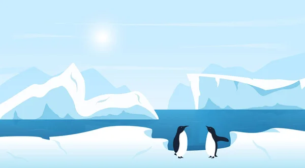 Gyönyörű sarkvidéki vagy antarktiszi táj jéghegyekkel és pingvinekkel. Hideg éghajlat északi jeges téli festői háttér. — Stock Vector
