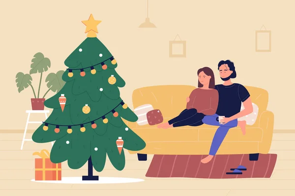 Happy Christmas Eve time, cartoon couple sitting and hugging on cozy sofa next to Christmas tree — Stock Vector