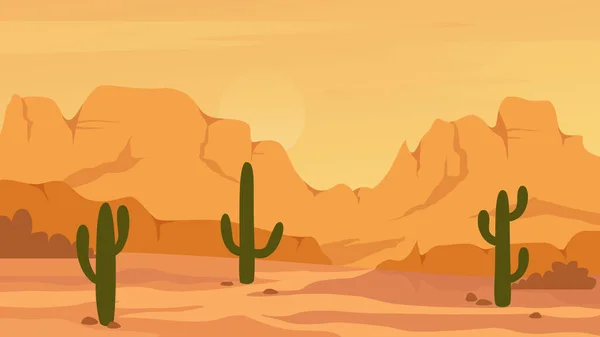 Mexikanische Texas oder Arisona Wüste Natur bei Sonnenuntergang, Cartoon natürliche verlassene mexikanische Landschaft mit Bergen, Kakteen — Stockvektor