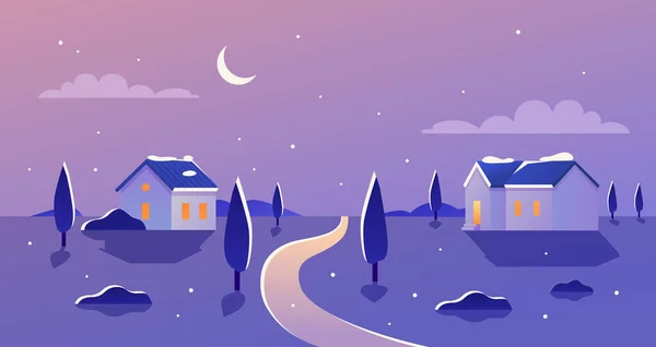 Paysage d'hiver la nuit, paysage rural neige dessin animé, fermes avec fenêtres — Image vectorielle