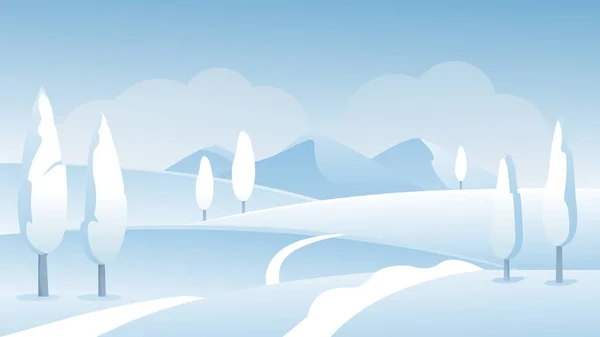 Paisaje invernal, heladas de dibujos animados naturaleza paisaje de nieve con camino de carretera en colinas cubiertas de nieve — Vector de stock