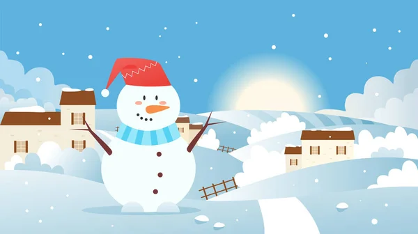 Paisagem de inverno com boneco de neve, desenho animado plana geada aldeia snowscape, boneco de neve engraçado em chapéu vermelho — Vetor de Stock