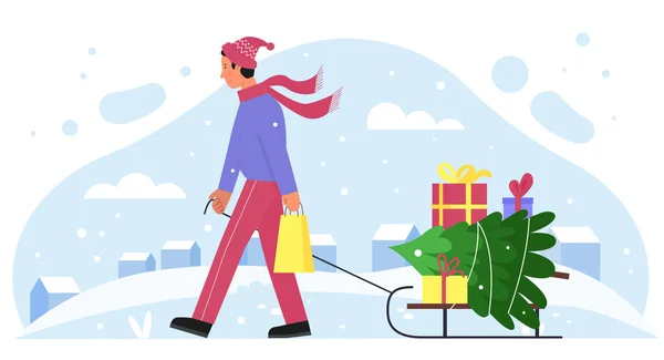 圣诞快乐，卡通人物爸爸提着雪橇和圣诞树，圣诞节送礼 — 图库矢量图片