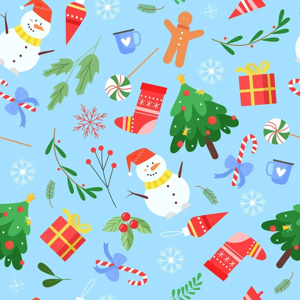 圣诞无缝图案，卡通片平坦的圣诞树和圣诞袜，戴着帽子的可爱雪人 — 图库矢量图片